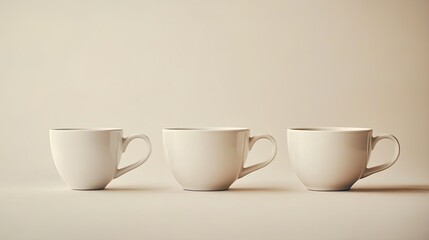 Fototapeta premium Minimalist Display of Three White Coffee Cups Against Neutral Background