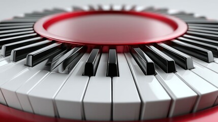 Naklejka premium Captivating close-up of a circular piano keyboard with elegant black and white keys and red detail.