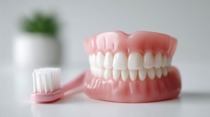 Obraz premium A pair of complete dentures sits beside a pink toothbrush, emphasizing dental care.