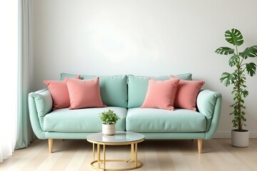 Fototapeta premium Mint Sofa with Pink Cushions: Modern Living Room Decor 