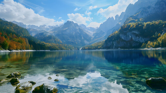 Calm lake surrounded by mountains with trees and clouds reflecting in clear water surface view