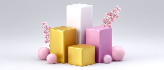 Obraz premium Colorful isometric blocks arrangement with floral accents in minimalist studio space