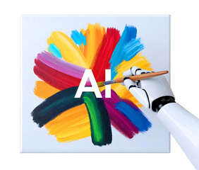 Robot hand paints abstract colorful oil painting AI on canvas with wood frame white background.