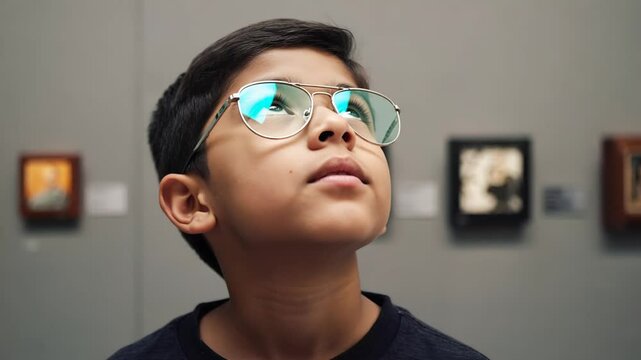 Curious Boy in Glasses Gazing at Sky  Museum Day Concept