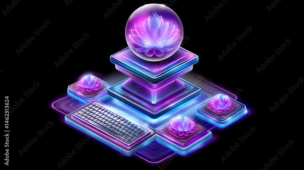 Poster digital creation event featuring isometric illustration of lotus keyboard and crystal sphere in futu