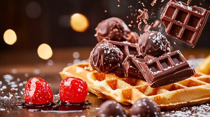 Chocolate truffles and pieces are piled atop a waffle with strawberries, garnished with powdered sugar, creating a decadent dessert scene.