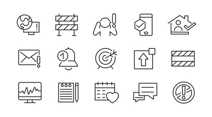 Alerts and Warning line icon set. Alert, caution, danger, error, danger warning, chemical, hazard, protection, natural disasters, rescue services, and emergency line icon set. UI thin line icon pack.