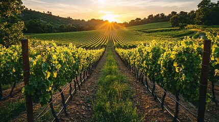 Fototapeta premium Lush vineyard rows stretching to a golden sunset