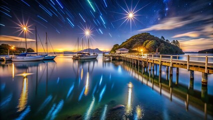 Fototapeta premium Ohope Harbour Wharf Night Photography, Whakatane, New Zealand - Scenic Coastal Nightscape