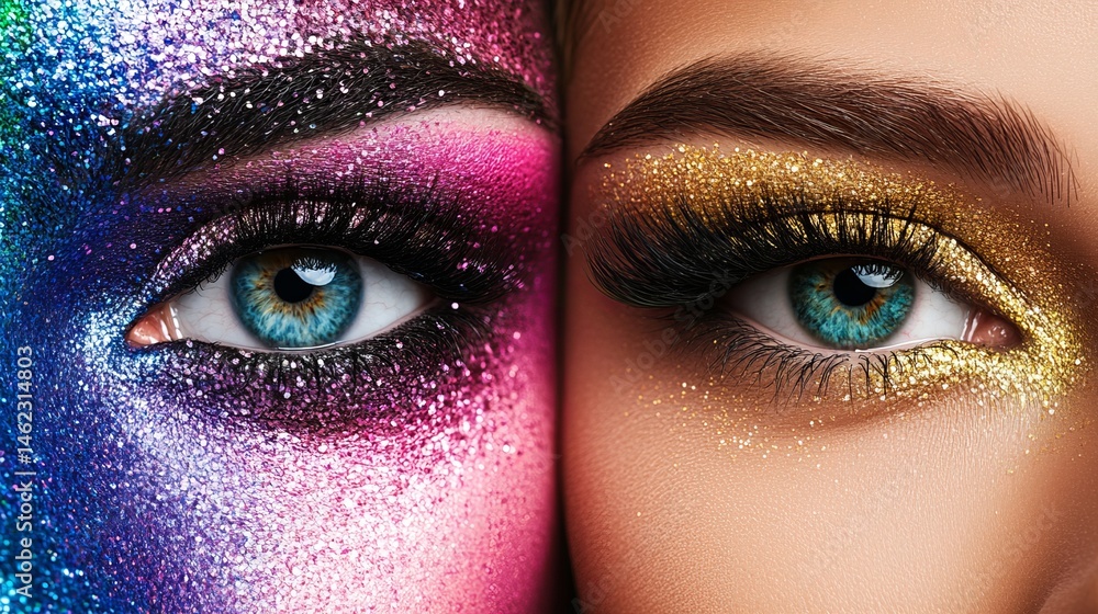 Poster close up shows two faces with vibrant makeup and sparkling glitter around each eye, creating a contr