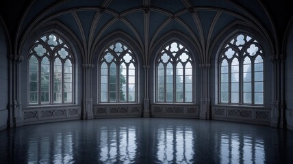 Empty Dark Room in Gothic Style with Large Windows, Eerie and Atmospheric Interior, Grand Architectural Details