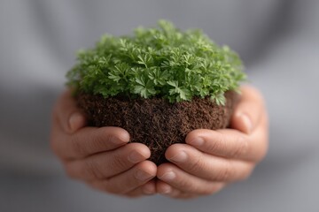 close-up of hands gently holding fresh soil with green seedlings sprouting showcasing sustainable practices