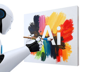 Robot hand paints abstract colorful oil painting AI on canvas with wood frame white background.