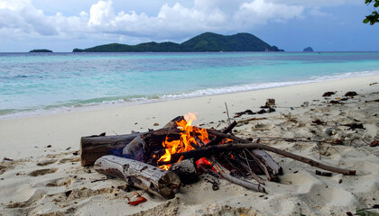 Fototapeta premium this image shows a bonfire burning on a sandy beach. several logs and smaller pieces of wood are arranged to fuel the fire, which emits bright yellow and orange flames