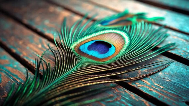A peacock feather against a wooden backdrop.