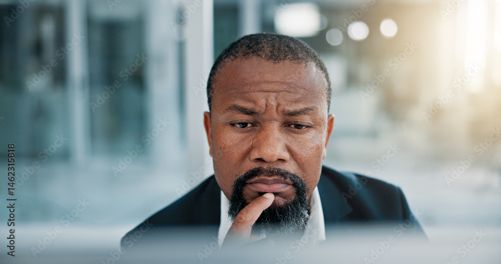 Aufkleber thinking, computer and black man in office with research, online ideas and brainstorming for risk ma
