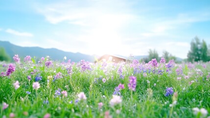 Fototapeta premium Vibrant meadow bursting with wildflowers under a bright sky
