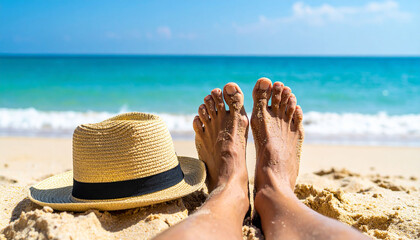 the scene is captured from a viewpoint near the sand, focusing on a person's feet resting on the beach. a woven head covering with a band lies nearby on the sand