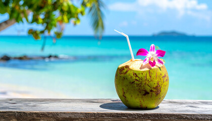 a green coconut drink is the focal point, garnished with a vivid purple flower and a white straw. the drink rests on a weathered wooden surface