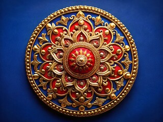 Obraz premium Ornate Gold & Red Floral Medallion on Deep Blue Background - Luxury Stock Photo
