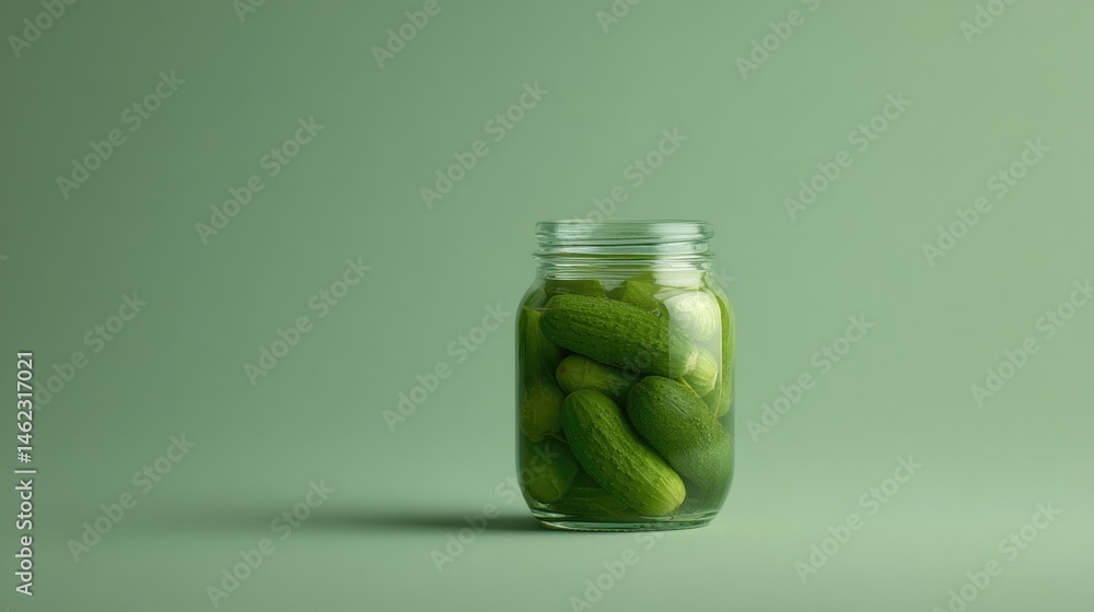 Poster minimalistic arrangement of single vintage mason jar filled with pickled cucumbers on smooth solid c