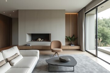 Fototapeta premium Modern Living Room with Minimalist Fireplace and Neutral Palette Interior Design Featuring a Stone Coffee Table and View to Outside 