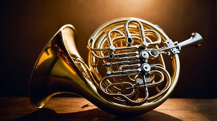 Gleaming Golden French Horn on Wooden Surface Musical Instrument Close Up