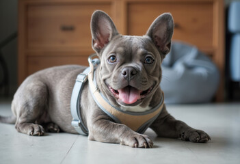 A happy French Bulldog puppy lying on the floor with a playful expression