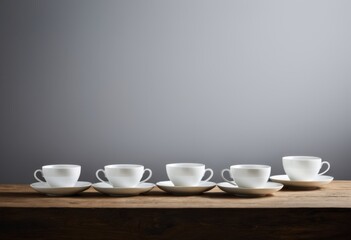Obraz premium Several cups and saucers lined up on a wooden table