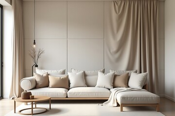 Serene Beige Living Room with a Plush Sofa, Curtains, and Cozy Table Setting for a Relaxing and Minimalist Interior Design                            