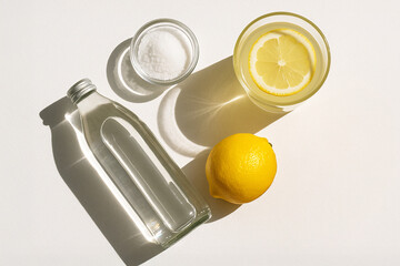Lemon water, sea salt, and white powder arranged in bright sunlight. Wellness ritual concept for natural hydration, detox, and electrolyte balance