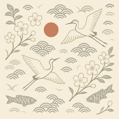 Sarus crane, Japanese pattern, ideal for wrapping paper and kimono-style patterns
