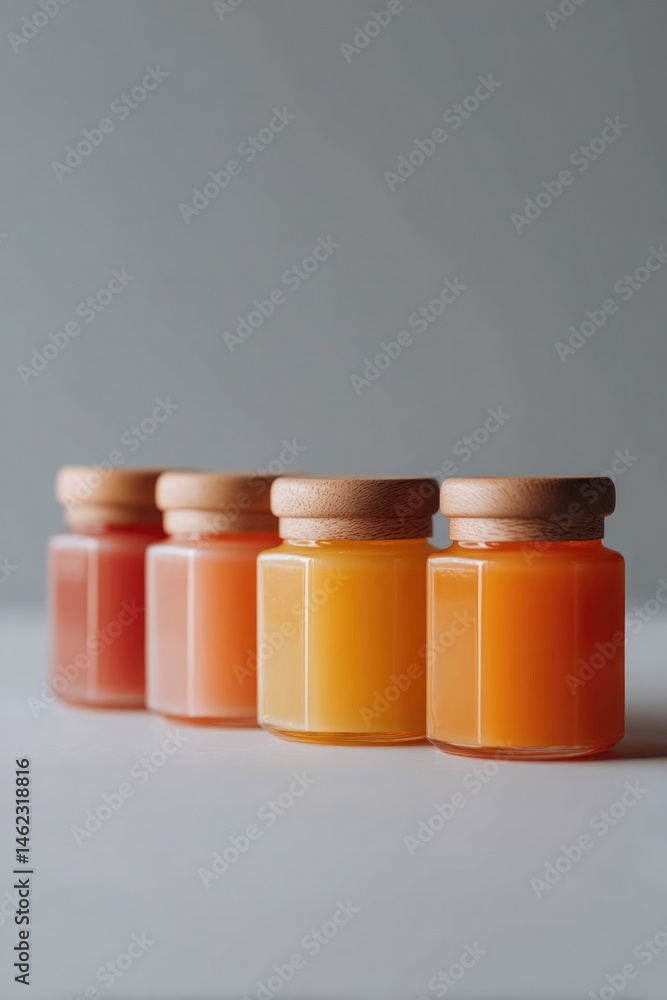 Poster minimalistic jars of homemade preserves arranged neatly on shelf showcasing their varied colors and 