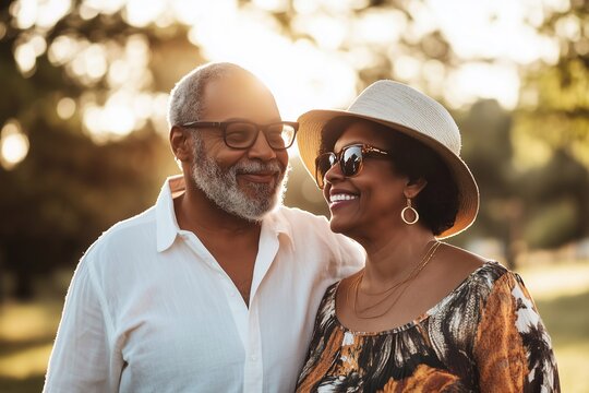 Elderly couple walking in the park enjoying a sunny day, generated AI