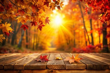 Panoramic Autumnal Product Display Background: Warm Fall Colors & Golden Light for E-commerce