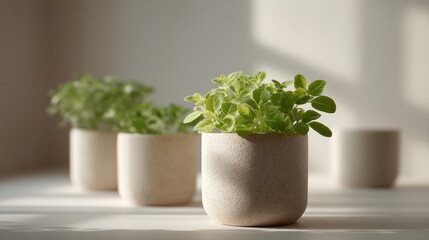 minimalistic shot of home mini-farm setup featuring seedlings in clean pots with sunlight streaming through window