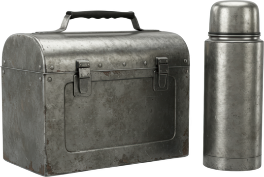 Vintage Metal Lunchbox and Thermos Set Rustic Grunge Style Retro Design
