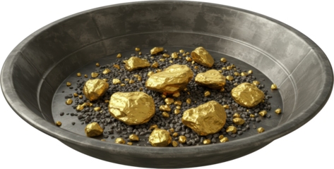 Gold Nuggets and Gravel in a Metal Pan Rich Gold Ore Mining Treasure