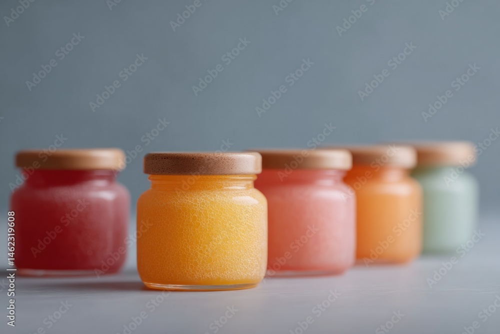 Poster of neatly arranged jars filled with different preserved foods on simple kitchen shelf showcasing var