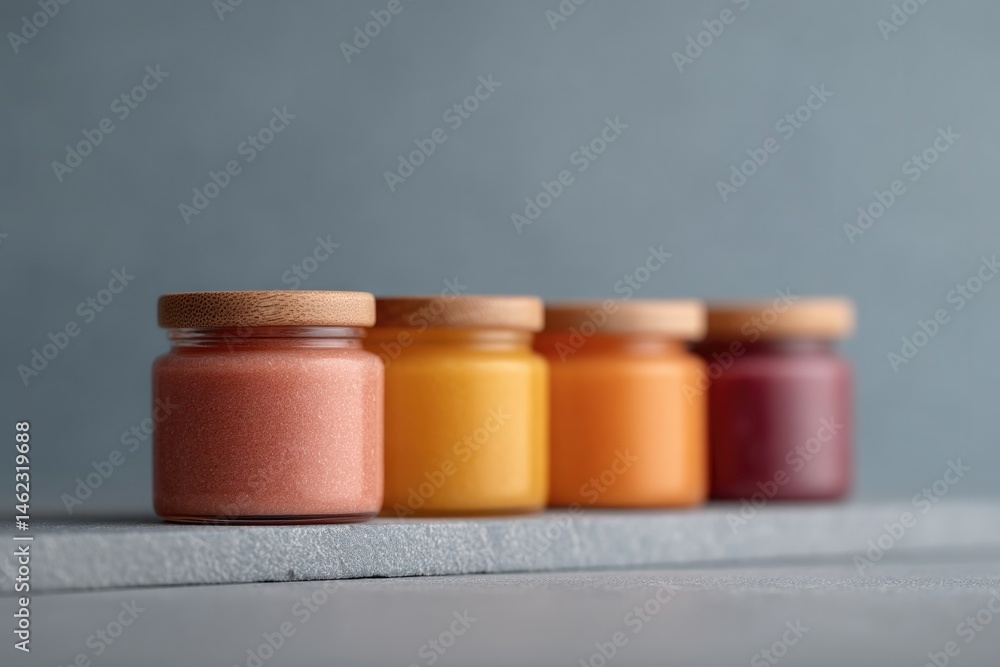 Poster of neatly arranged jars filled with different preserved foods on simple kitchen shelf showcasing var