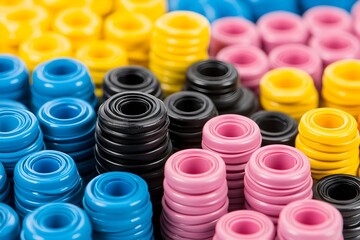 Colorful cylindrical components stacked in groups