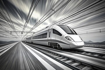 Fototapeta premium Panoramic Black and White Line Art: Modern High-Speed Train on Tracks