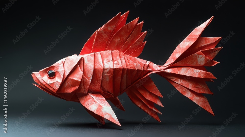 Poster an abstract red origami fish with exaggerated angular fins, photographed against a black background 