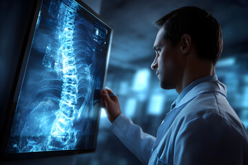 Radiologist reviewing scan on light board, double exposure with spinal column imagery