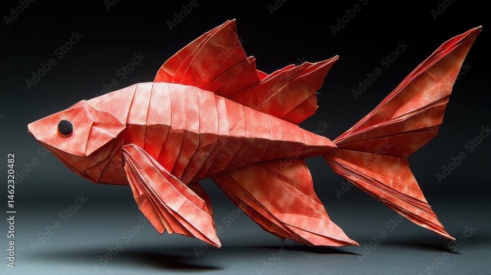 Poster an abstract red origami fish with exaggerated angular fins, photographed against a black background 