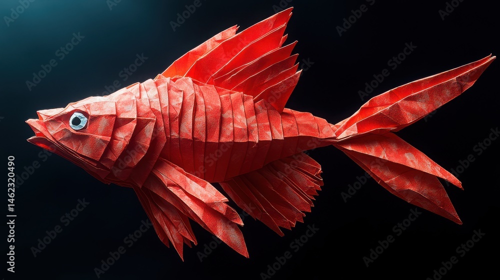 Aufkleber an abstract red origami fish with exaggerated angular fins, photographed against a black background 