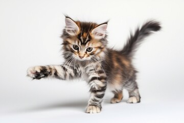 Kitten Maine Coon playing against the white background, generated AI