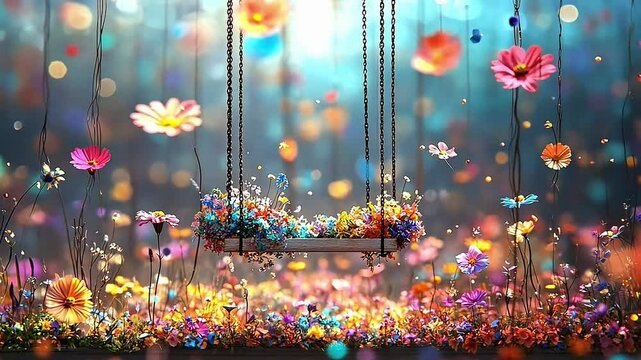 Enchanted floral swing amidst a whimsical bokeh wonderland backdrop