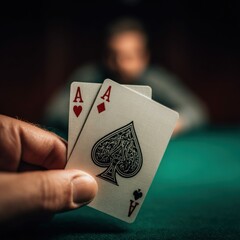 Close-up of a hand holding two aces, highlighting a strong poker hand with good odds.