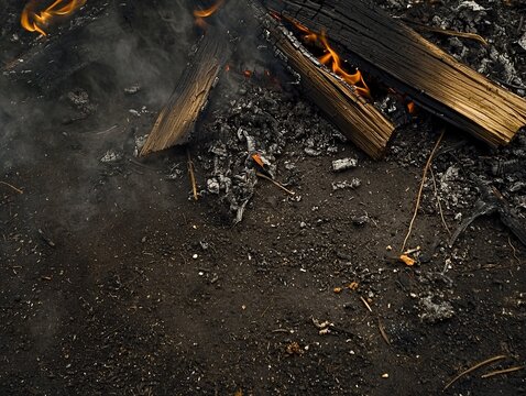 Burning wood pieces on the dark ground with smoke. - Powered by Adobe